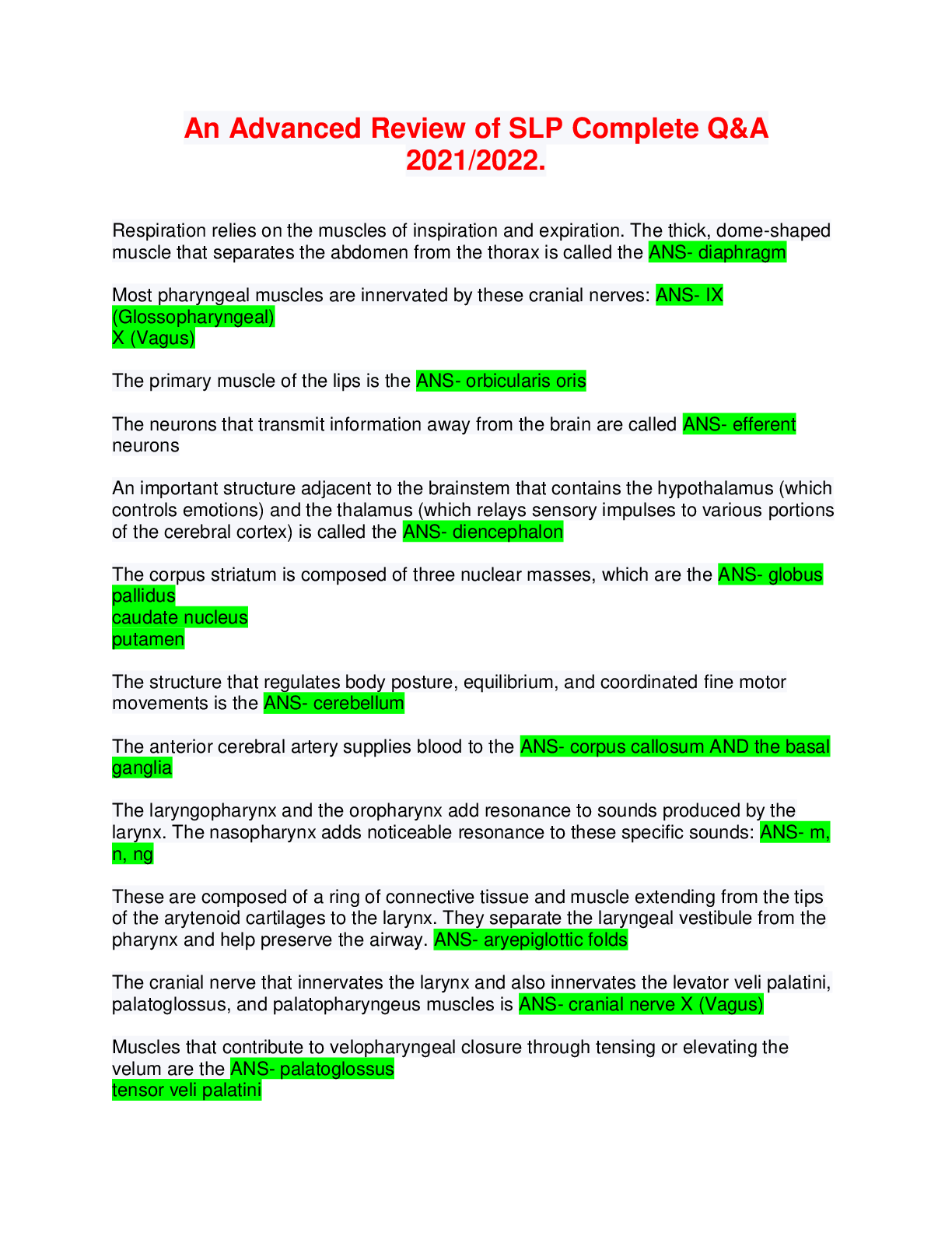 Preview image for An Advanced Review of SLP Complete Q&A 2021/2022.